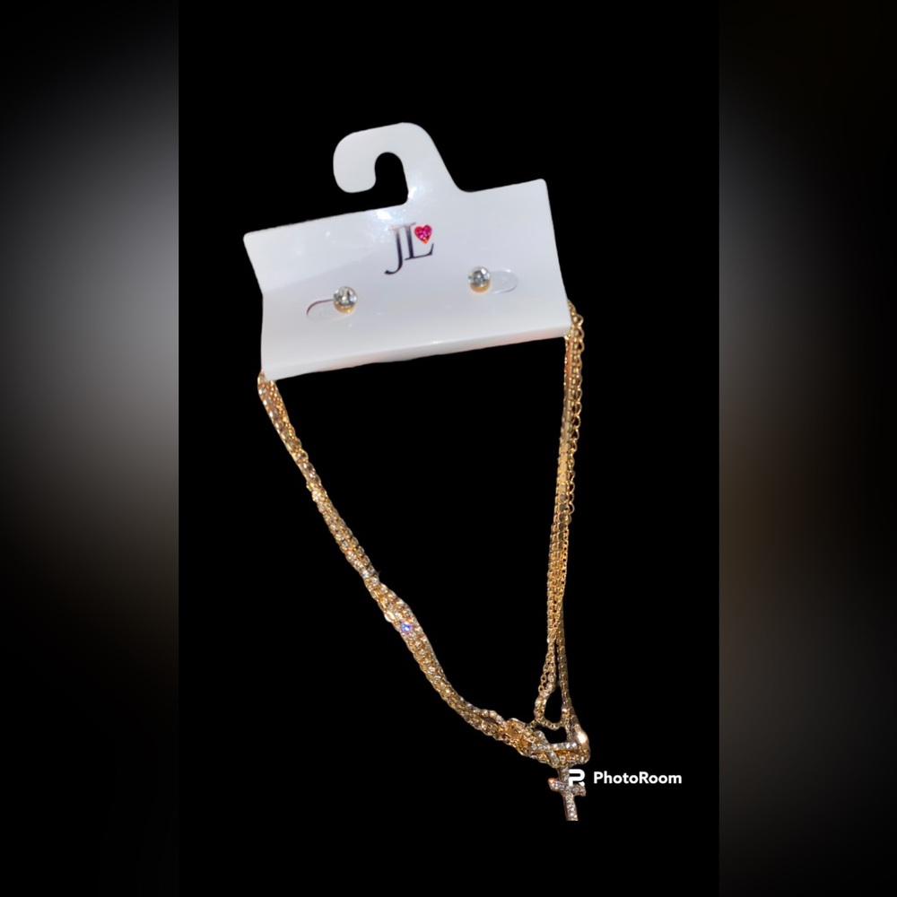 Diamond earrings, and necklace, with diamonds crosses.